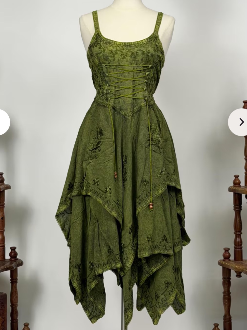 Fairycore Olive Green Lace-Up Handkerchief Hem Dress one size - Picture 15 of 15